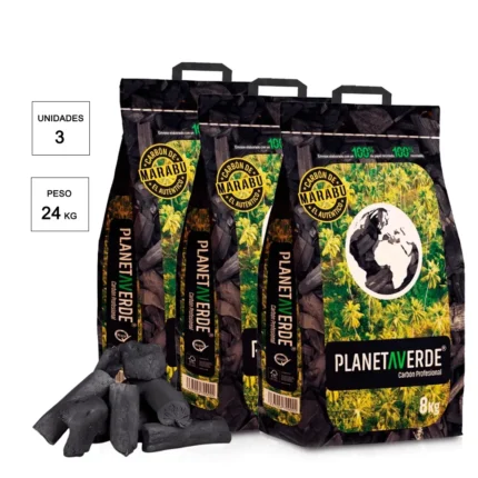 Carbón vegetal Marabú Planeta Verde 3 × 8 kg (24 kg) – alto rendimiento