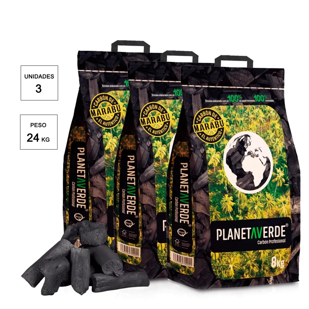 Carbón vegetal Marabú Planeta Verde 3 × 8 kg (24 kg) – alto rendimiento